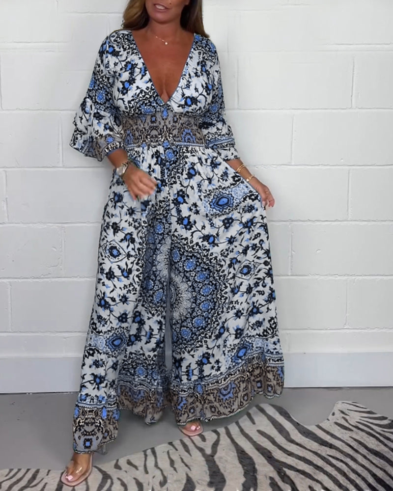 THALIA | Boho Wide Leg Jumpsuit with Deep V-Neck