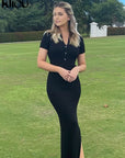 GABRIELLA | Elegant Short Sleeve Bodycon Maxi Dress with Button Details